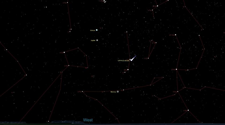 a map of the night sky showing the position of comet 12P/Pons-Brooks in the Aires constellation on the night of March 30, 2024