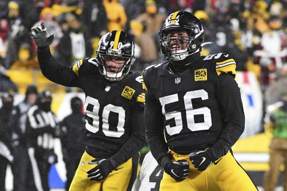 Pittsburgh Steelers linebacker Alex Highsmith (56) celebrates after a sack during the second half of an NFL football game against the Las Vegas Raiders in Pittsburgh, Saturday, Dec. 24, 2022. (AP Photo/Fred Vuich)