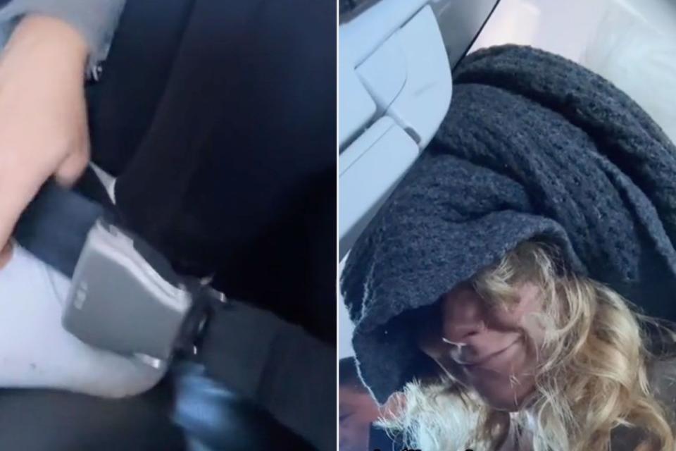<p>Brooke Johnson/TikTok</p> Travel seatbelt hack (L), sleep position (R)