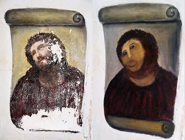 In this combination of two undated handout photos made available by the Centro de Estudios Borjanos, the 20th century Ecce Homo-style fresco of Christ , left and the 'restored' version, at right.