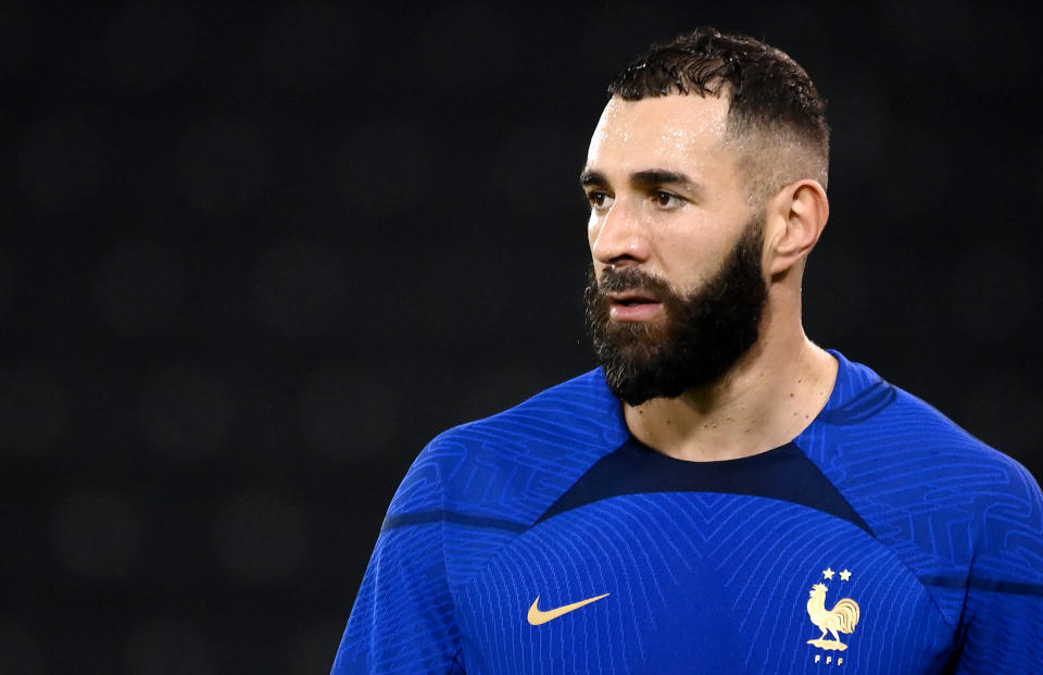 Seen here, France striker Karim Benzema looks on during a training session at the Jassim-bin-Hamad Stadium in Doha.