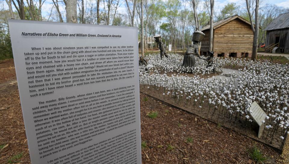 Slave narratives at the Equal Justice Initiative’s Freedom Monument Sculpture Park in Montgomery on March 12, 2024.