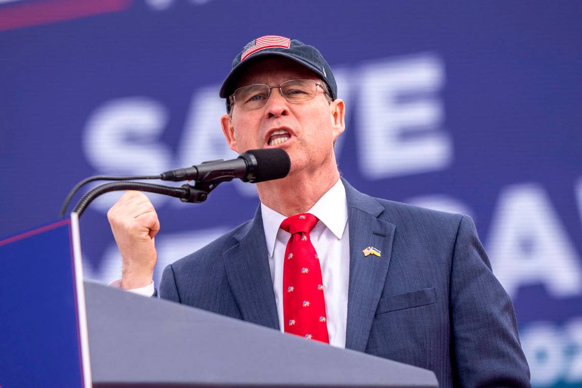 US. Rep Greg Murphy speaks during a rally with former President Donald Trump in Selma Saturday, April 9, 2022.