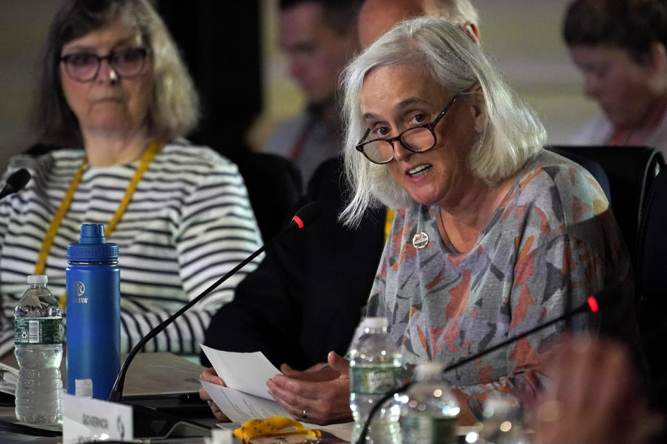 Delaware first lady Tracey Quillen Carney speaks during a panel discussion on literacy at the National Governors Association summer meeting, Friday, July 15, 2022, in Portland, Maine. (AP Photo/Robert F. Bukaty)