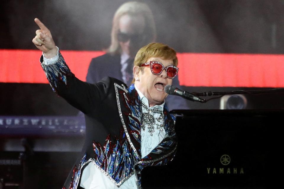 Elton John performs “Bennie and the Jets” as he wraps up the U.S. leg of his ‘Yellow Brick Road’ tour at Dodger Stadium in Los Angeles, California (REUTERS)