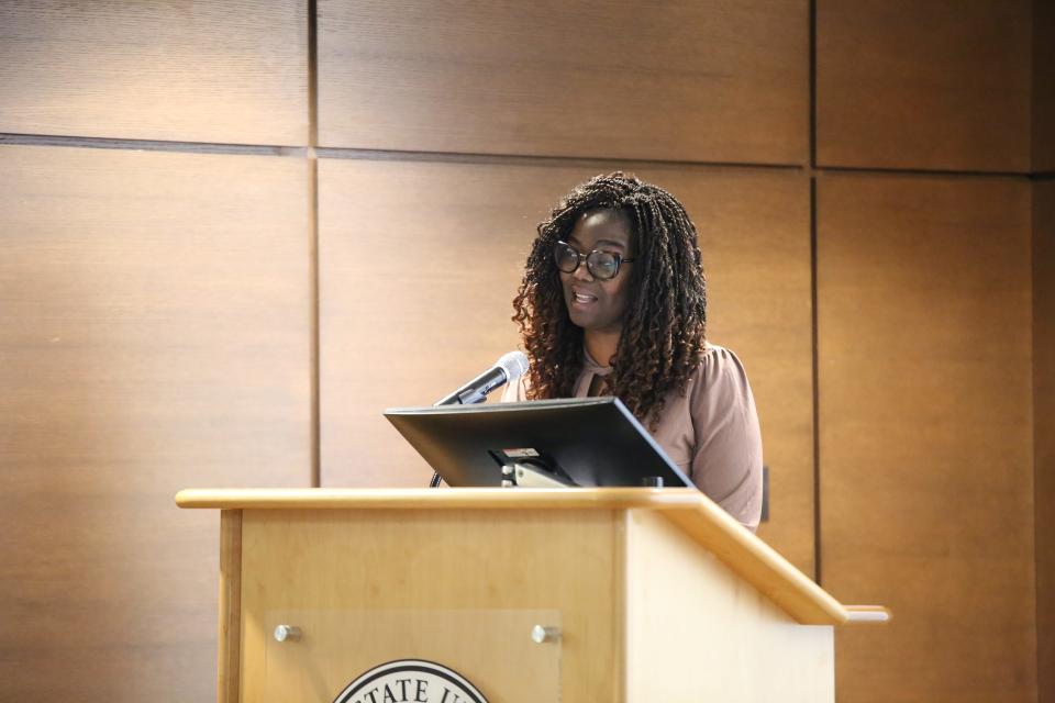Cathy Idowu speaks at the inaugural event of the TOM Project at Florida State Univesity on Oct. 14, 2022.