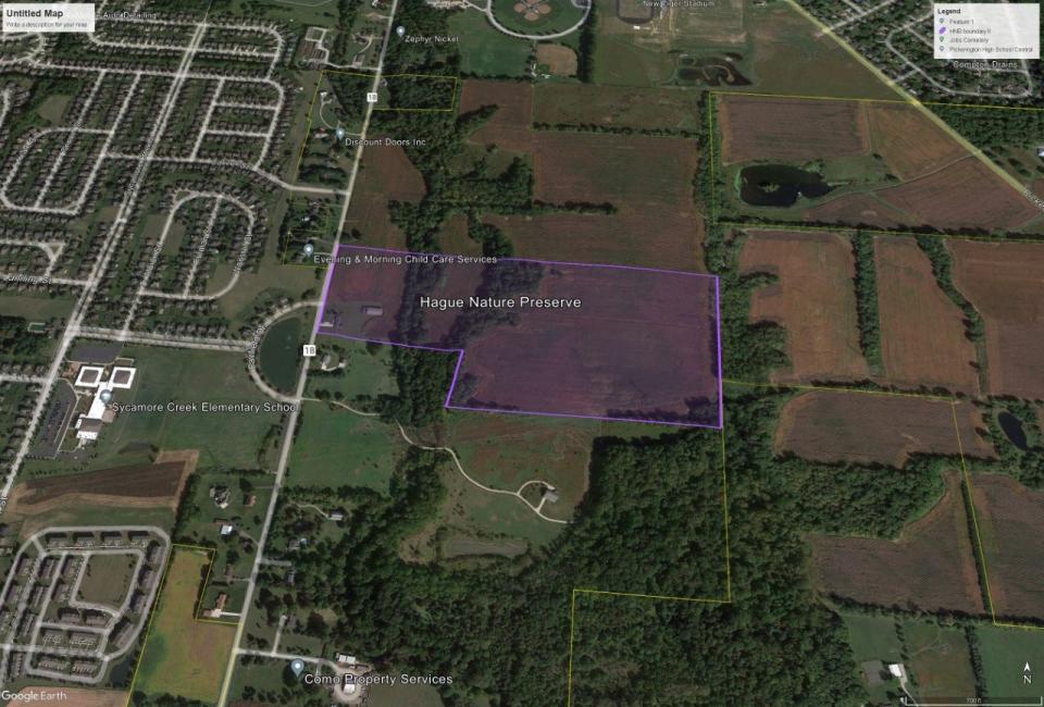 An aerial view shows the 64 acres that the Bill and Joyce Hague Foundation recently purchased for $1.65 million within the city of Pickerington. The land, formerly farmland, is being converted into the Hague Nature Preserve. Development will not be permitted on the property.