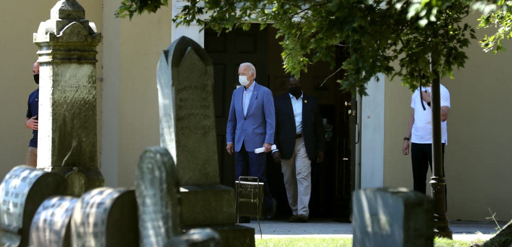 Democratic presidential nominee and former Vice President Joe Biden leaves St. Joseph on the Brandywine Roman Catholic Church after attending Sunday services September 06, 2020 in Wilmington, Delaware.