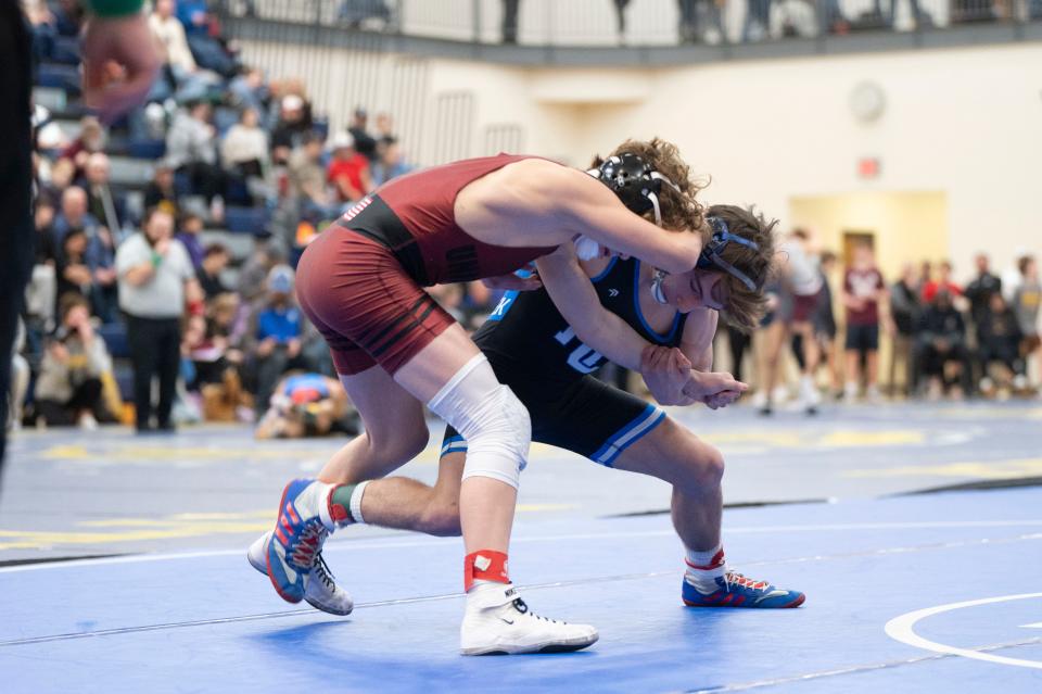 Harper Creek wrestler Devan Garcia faces off against Union City McGinnis-Evans Invitational at Battle Creek Central High School on Saturday, Jan. 27, 2024.