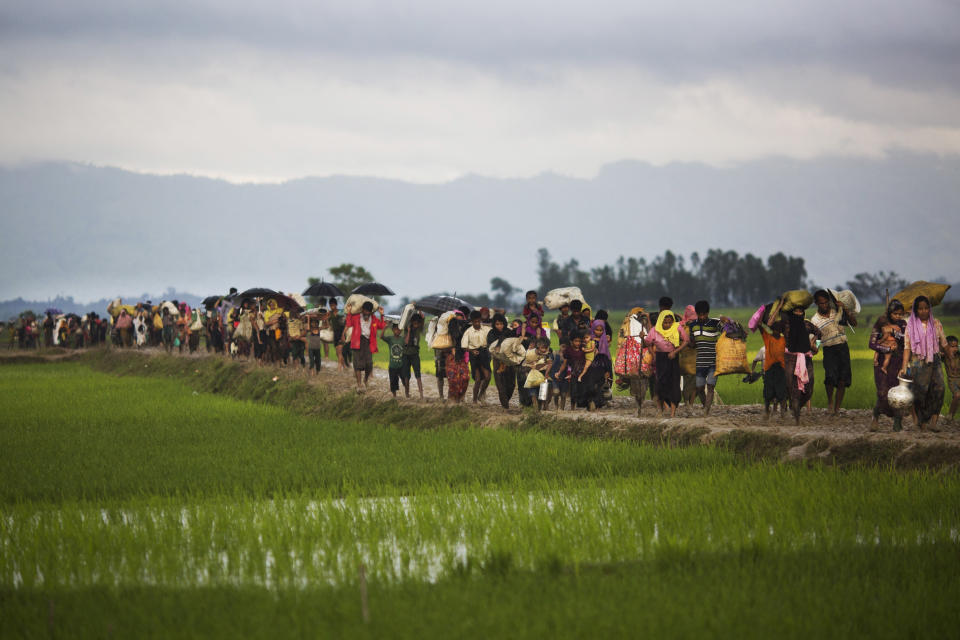 FILE - In this Sept. 1, 2017, file photo, members of Myanmar's Rohingya ethnic minority walk past rice fields after crossing the border into Bangladesh near Cox's Bazar's Teknaf area. An overcrowded boat carrying about 125 Rohingya refugees from Bangladeshi camps sank early Tuesday, Feb, 11, 2020, in the Bay of Bengal, leaving at least 16 dead, Bangladeshi officials said Tuesday. More than 700,000 Rohingya Muslims fled to Bangladesh from neighboring Myanmar to flee a harsh crackdown by Myanmar's military since August 2017. (AP Photo/Bernat Armangue, File)