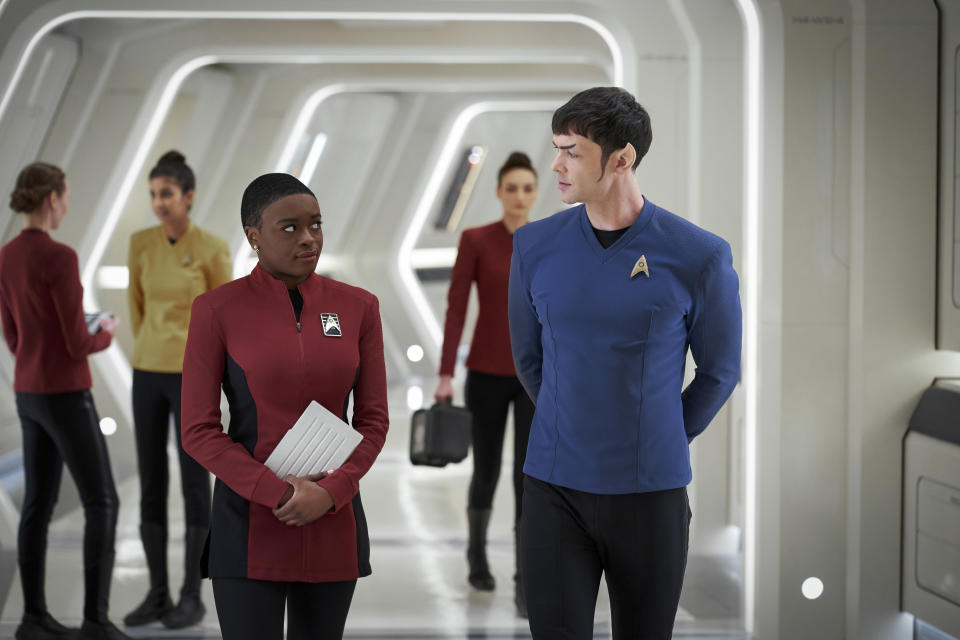 Uhura (Celia Rose Gooding) and Spock (Ethan Peck) in Star Trek: Strange New Worlds (Paramount+)