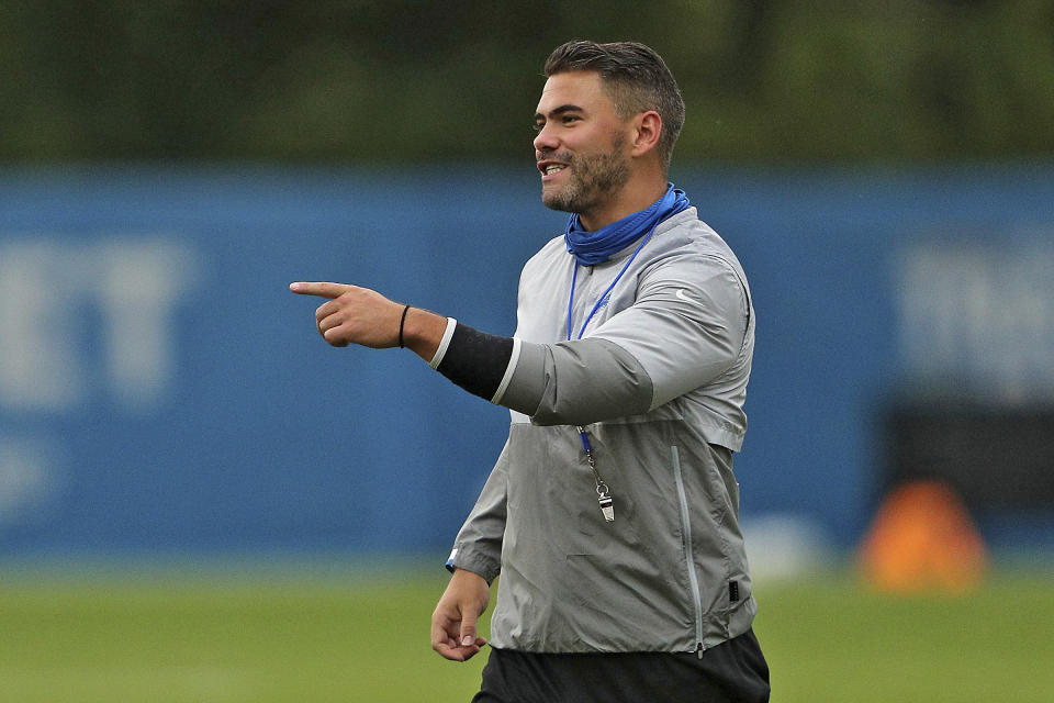 FILE - In this Aug. 26, 2020 file photo, Brayden Coombs of the Detroit Lions directs a drill during an NFL football training camp practice at their team headquarters in Allen Park, Mich. Detroit dismissedCoombs on Monday, Dec. 21, 2020 three plus weeks after parting ways with general manager Bob Quinn and coach Matt Patricia. (Mike Mulholland/The Grand Rapids Press via AP, Pool)