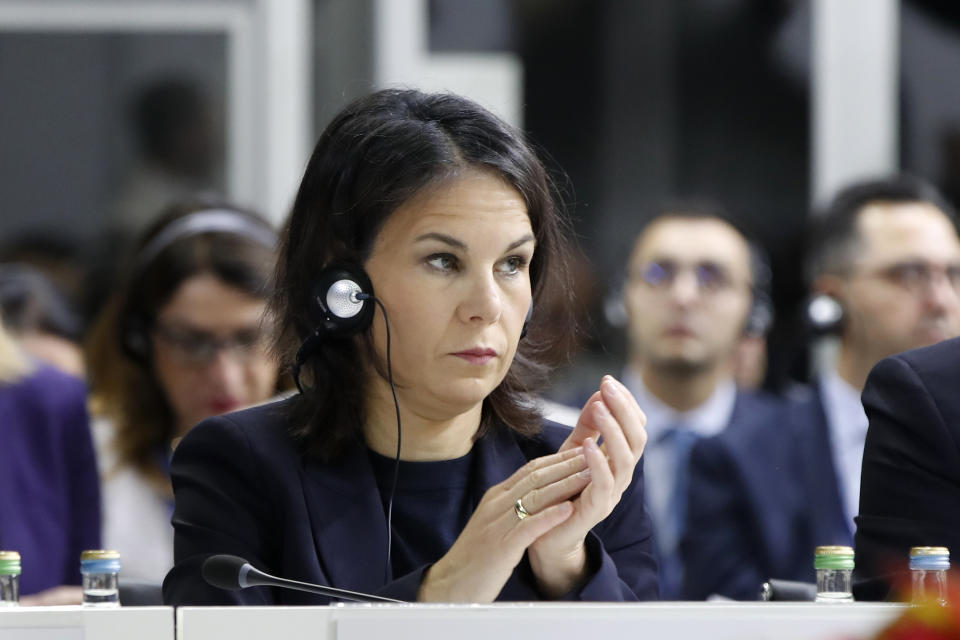 German Foreign Minister Annalena Baerbock attends the plenary session of the OSCE (Organization for Security and Co-operation in Europe) Ministerial Council meeting, in Skopje, North Macedonia, on Thursday, Nov. 30, 2023. (AP Photo/Boris Grdanoski)