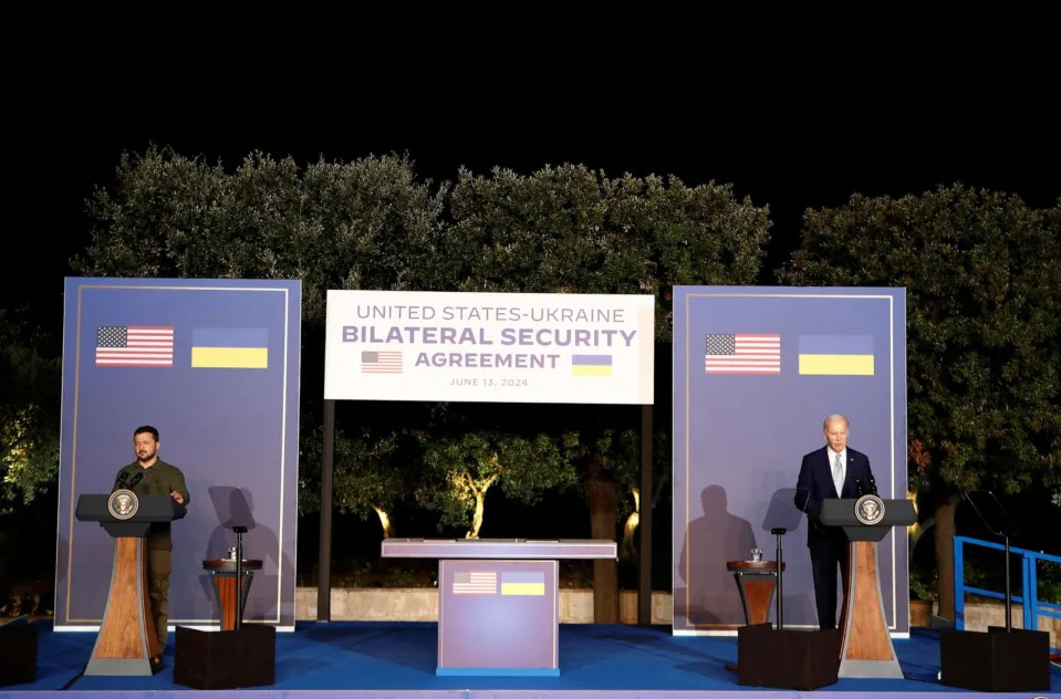 PHOTO: President Joe Biden and Ukrainian President Volodymyr Zelenskiy attend a press conference after a bilateral meeting on the sidelines of the G7 summit, in Fasano, Italy, June 13, 2024. (Alessandro Garofalo/Reuters)