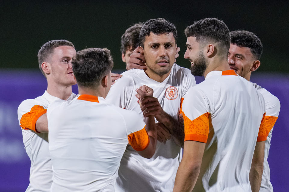 Manchester City players attend a training session at the King Abdullah Sports City Stadium in Jeddah, Saudi Arabia, Thursday, Dec. 21, 2023. Manchester City will play against Fluminense during the final soccer match of the Club World Cup on Friday Dec. 21. (AP Photo/Manu Fernandez)