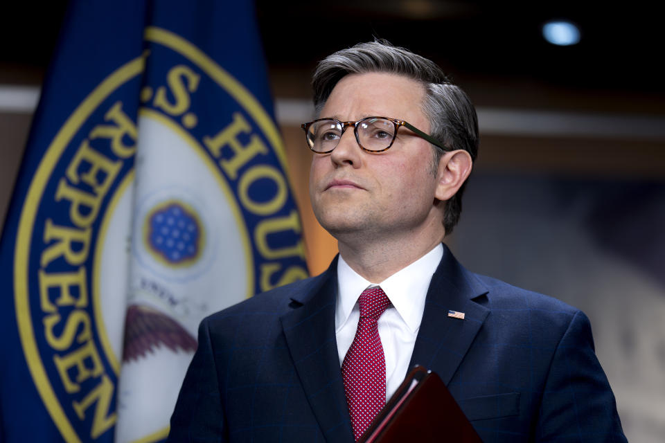 Speaker of the House Mike Johnson, R-La., discusses President Joe Biden's policies at the Mexican border during a news conference at the Capitol in Washington, Thursday, Feb. 29, 2024. (AP Photo/J. Scott Applewhite)