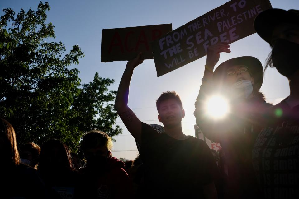 Pro-Palestine protesters gather outside of the Salt Lake County Jail in South Salt Lake after a student organizer was arrested on Tuesday, April 30, 2024.