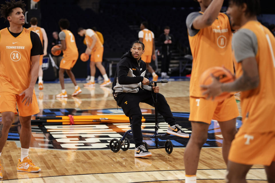 Tennessee guard Zakai Zeigler looks on during practice before a Sweet 16 college basketball game at the NCAA East Regional of the NCAA Tournament, Wednesday, March 22, 2023, in New York. (AP Photo/Adam Hunger)