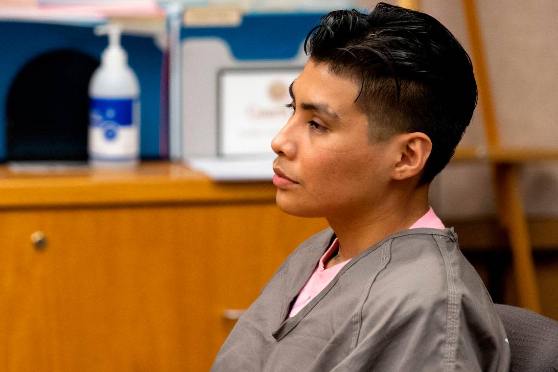 Santiago Mederos, 31, listens to Pierce County Superior Court Judge Bryan Chushcoff during a Mederos’ sentencing hearing on Friday, Oct. 14, 2022, in Tacoma, Wash.