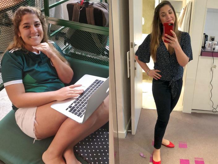 the author on a laptop before keto next to a photo of her after she did keto and lost 40 pounds standing in front of a mirror