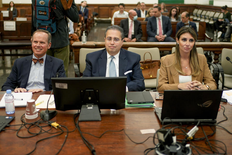 From left, Christopher Kise, Clifford Robert, and Alina Habba attorneys representing the Trump Organization, sit in New York Supreme Court, Tuesday, Oct. 10, 2023, in New York. Donald Trump’s longtime finance chief is set to testify as the former president’s civil trial enters its second week. (AP Photo/Seth Wenig)