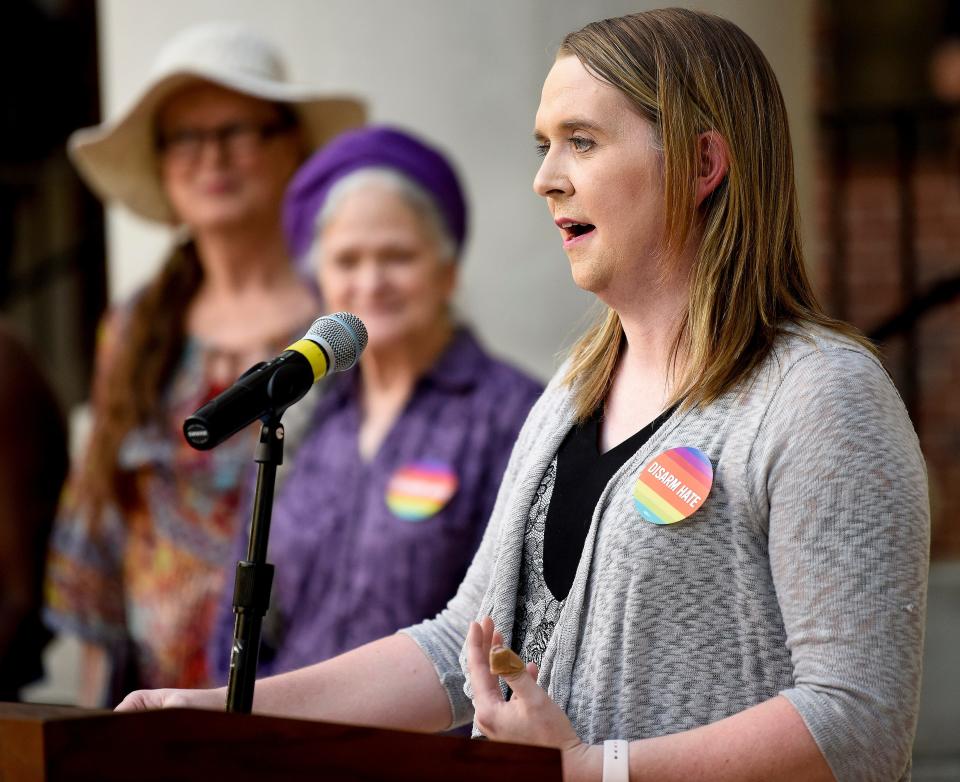 Kristin Dowling, of Colors River Region, speaks during a Pride Month Unity Vigil at City Hall in Montgomery, Ala., on Friday June 25, 2021.