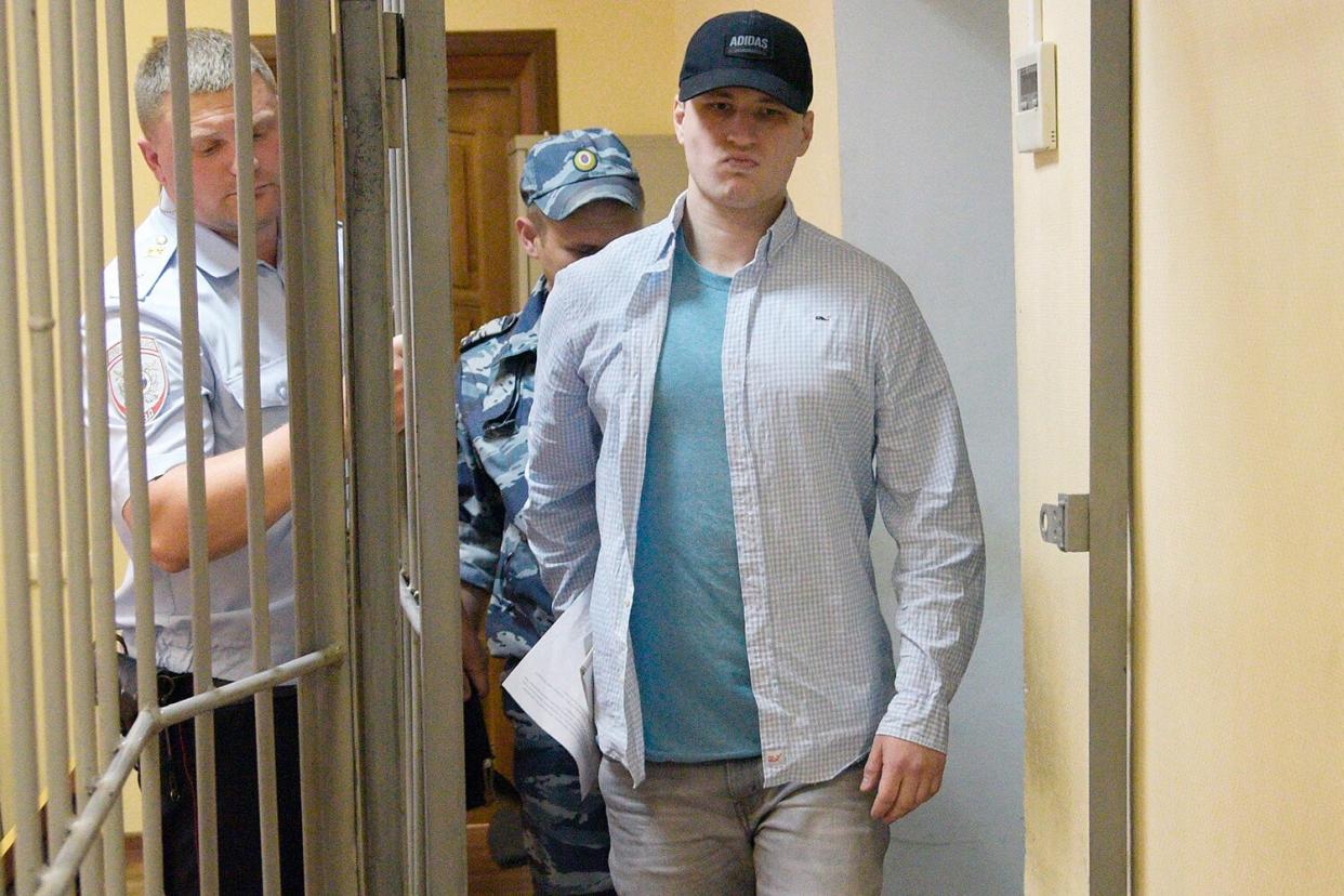 28-year-old US citizen Robert Gilman, accused of using violence against a police officer, attends attends a court hearing on his case in the Central District Court, in Voronezh, Russia.