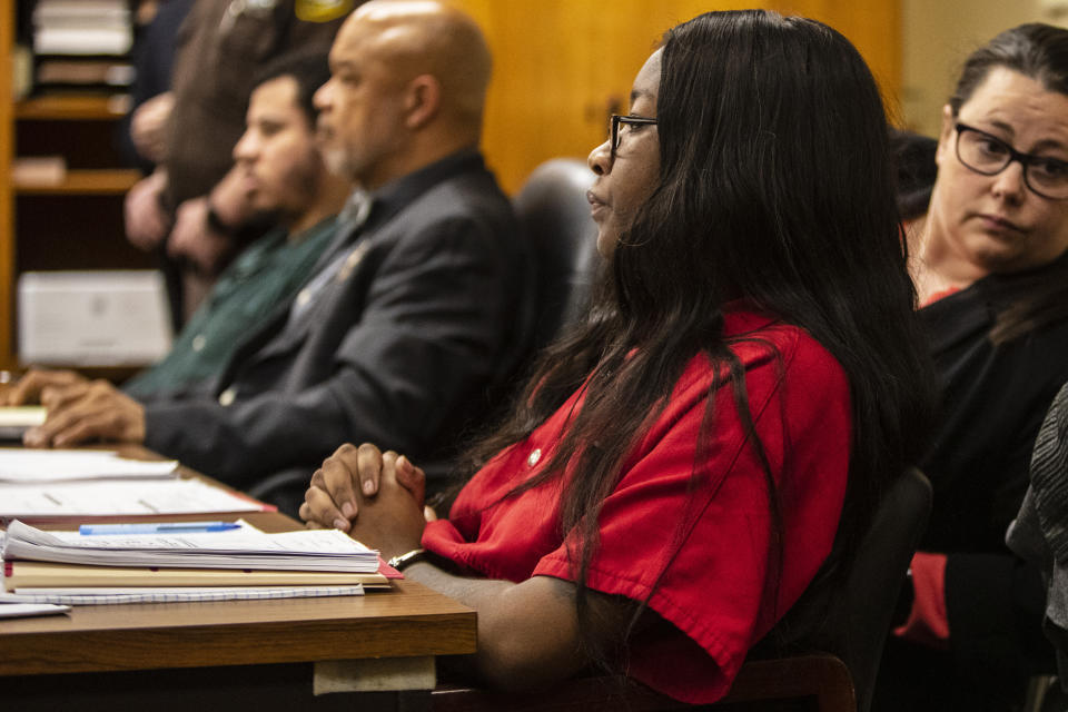 Kemia Hassel, 22, appears with her co-defendant, Jeremy Cuellar, 24, (not pictured) for a preliminary exam on a charge of first-degree premeditated murder at the Berrien County Courthouse in St. Joseph, Michigan on Wednesday, Feb. 20, 2019. U.S. Army Sgt. Tyrone Hassel III, 23, was killed on Dec. 31, 2018. A police investigation revealed the pair, Cuellar and Hassel were having an affair and plotted to killed Tyrone to continue their relationship and reap financial benefits resulting from his death. Cuellar was stationed at Fort Stewart in Georgia where Kemia and Tyrone were also stationed, where they lived with their 1-year-old child. (Joel Bissell/Kalamazoo Gazette via AP)