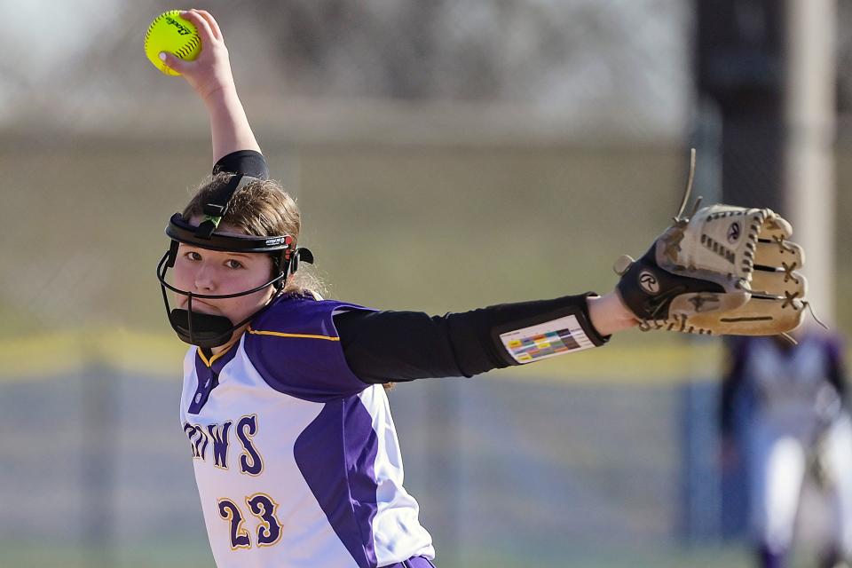 Watertown's Alexa Brown (23) pitches during a high school girls' fastpitch softball game against Spearfish on Saturday, April 6, 2024 at the Black Hills Power Sports Complex in Spearfish. Watertown won 18-2.