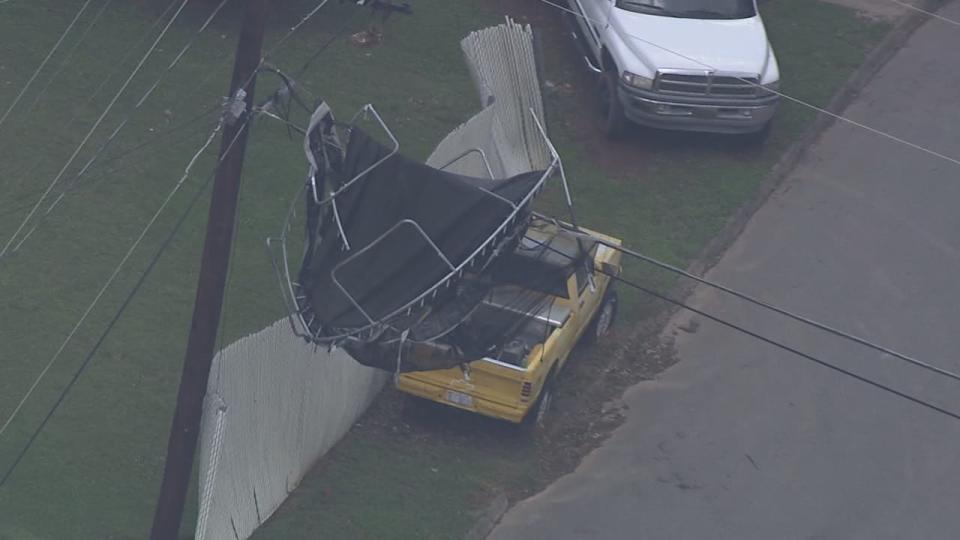 A neighbor living in Lowell told Channel 9 a trampoline blew up onto power lines last week in front of his house, suspending it in midair. He lives on Oakland Street near Highway 7.