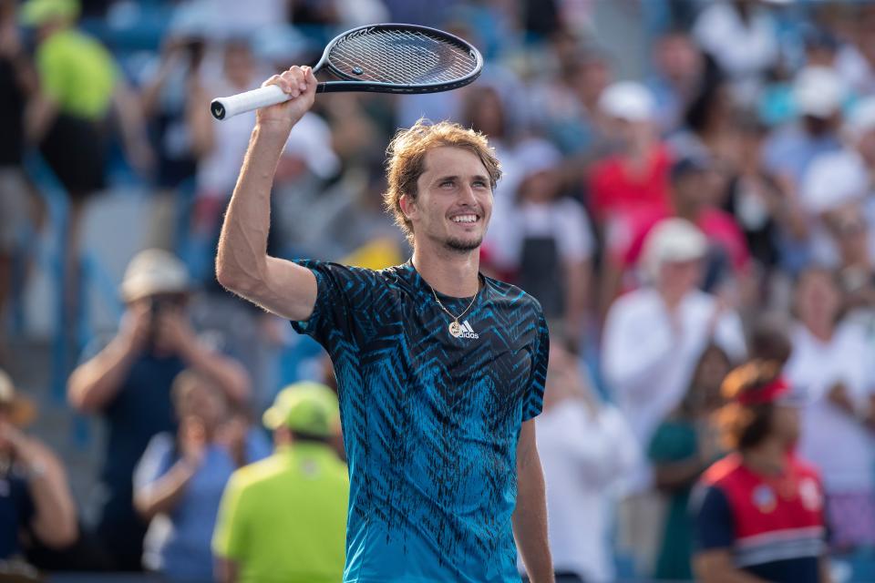 Alexander Zverev celebrates after winning the men's singles title at the Western and Southern Open in Mason, Ohio on Aug 22, 2021.