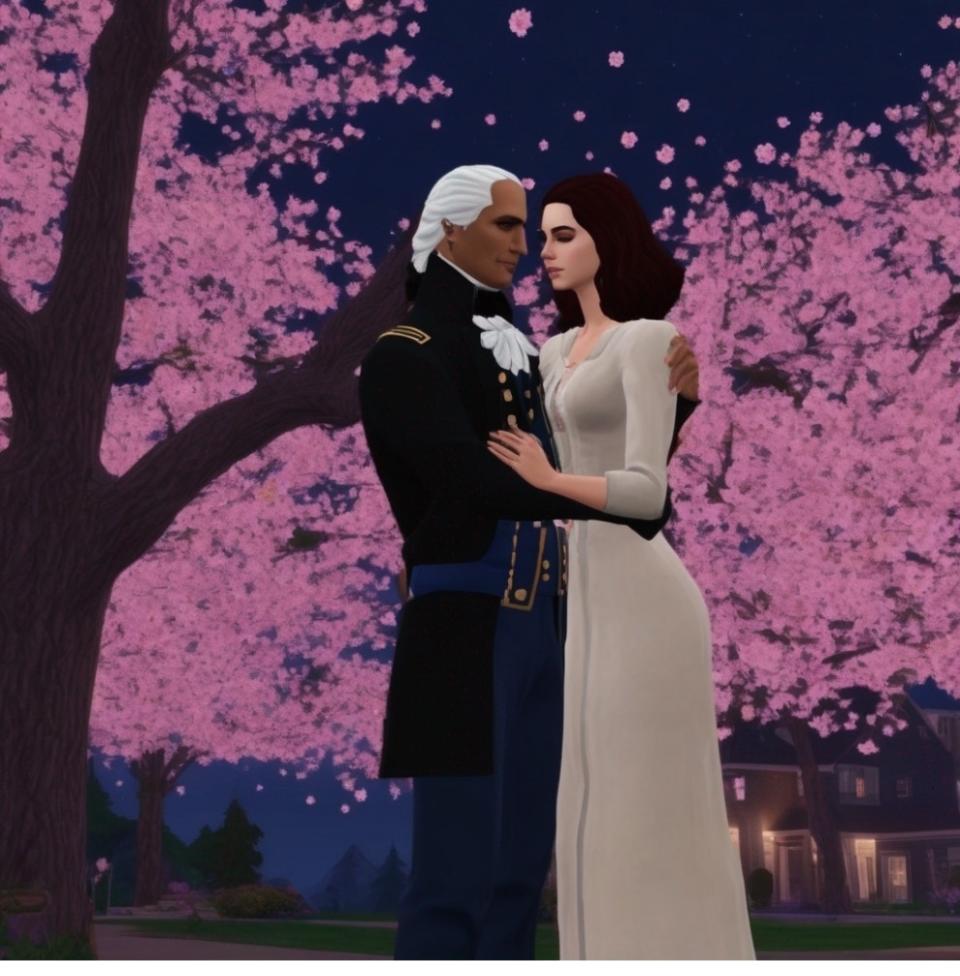 Two animated characters embracing under a cherry blossom tree, with the man dressed in a formal military uniform and the woman in a simple long dress