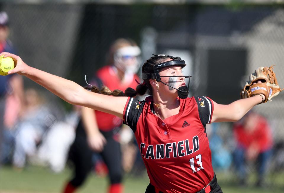 Canfield's Malena Toth delivers a first-inning pitch to Marlington in the Division II regional final, Friday, May 26, 2023, at Nordonia.