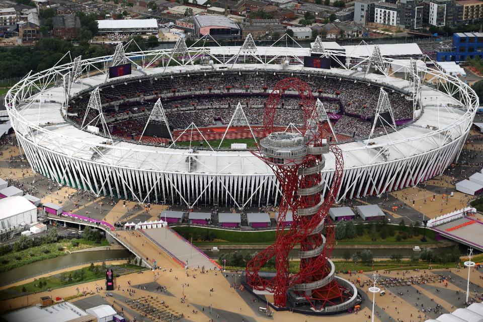 This Friday, Aug. 3, 2012 aerial photo shows the Olympic Stadium and the Orbit during the 2012 Summer Olympics at Olympic Park, in London. (AP Photo/Jeff J Mitchell, Pool)