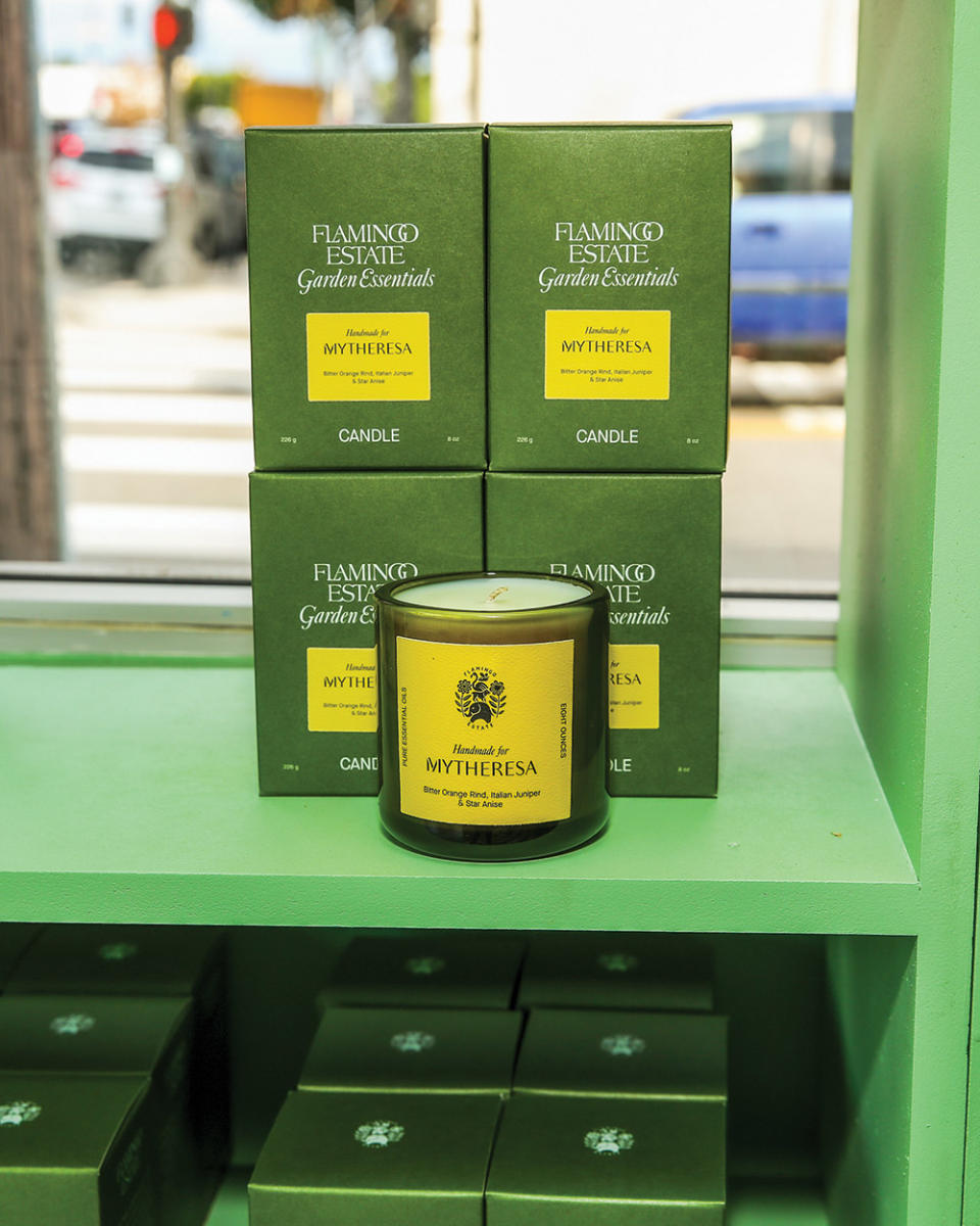 The shop’s collab candle, $65, with notes of juniper and orange rind.