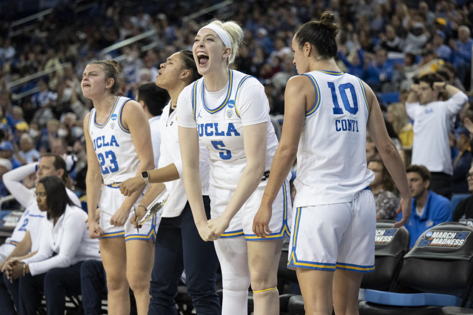 UCLA forward Brynn Masikewich (5) reacts on a basket by guard Charisma Osborne, not shown, during the second half of a second-round college basketball game against Oklahoma in the NCAA Tournament, Monday, March 20, 2023, in Los Angeles. (AP Photo/Kyusung Gong)