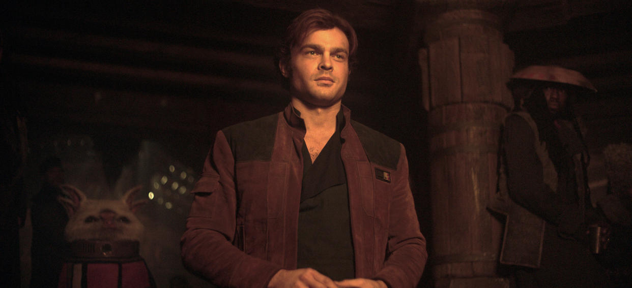 This image released by Lucasfilm shows Alden Ehrenreich as Han Solo in a scene from “Solo: A Star Wars Story.” (Lucasfilm via AP)