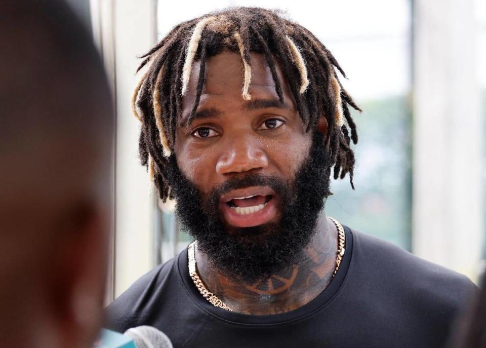 Miami Dolphins cornerback Xavien Howard (25) speaks to reporters after practice at the Baptist Health Training Complex in Miami Gardens on Tuesday, August 8, 2023.