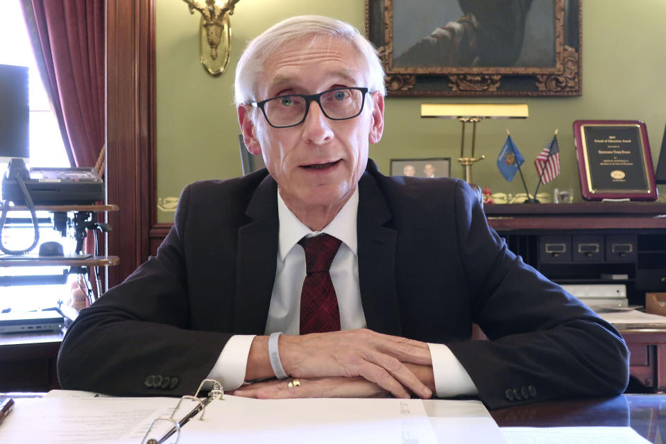 Wisconsin Gov. Tony Evers speaks during an interview with The Associated Press Wednesday, Dec. 4, 2019 in his Statehouse office in Madison, Wis. Evers says that in the wake of two school shootings at separate Wisconsin high schools the "state has to step up and help" school districts provide more mental health services for students. Evers spoke about his hope to work with Republicans to secure more funding. (AP Photo/Scott Bauer )