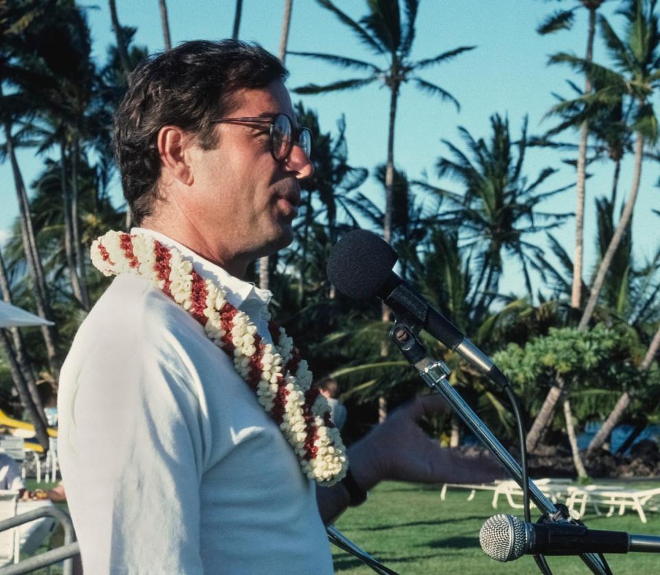 Theroux in 1989 at the age of 48 giving a talk in Hawaii, which he now calls home - Alamy 