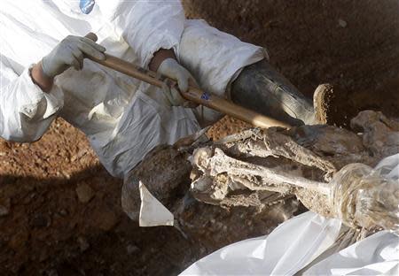 Forensic experts, members of the International Commision of Missing Persons (ICMP) and Bosnian workers search for human remains at a mass grave in the village of Tomasica near Prijedor, October 22, 2013. REUTERS/Dado Ruvic