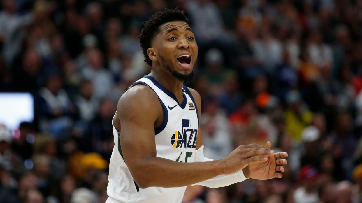 Mandatory Credit: Photo by Rick Bowmer/AP/Shutterstock (10540484a)Utah Jazz guard Donovan Mitchell (45) shouts to his team in the first half during an NBA basketball game against the Dallas Mavericks, in Salt lake CityJazz Basketball, Salt Lake City, USA - 25 Jan 2020.