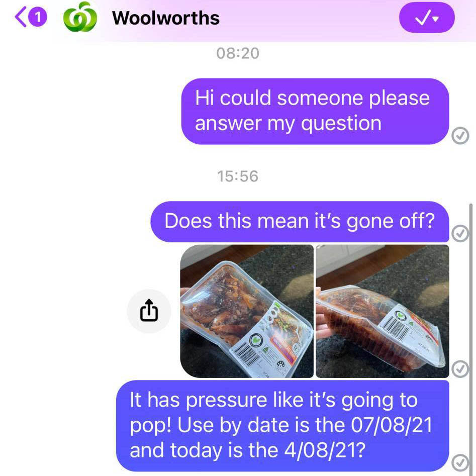 A screenshot of messages shows a customer asking Woolworths for help. Source: Facebook