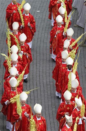 Cardinals arrive before Pope Francis leads the Palm Sunday mass at Saint Peter's Square at the Vatican April 13, 2014. REUTERS/Giampiero Sposito