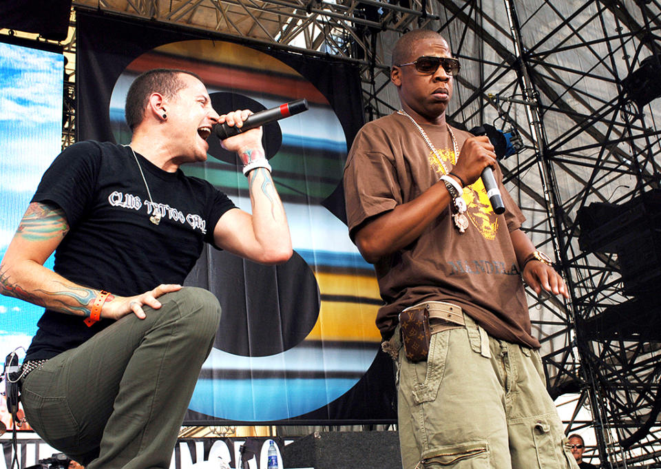 <p>Chester Bennington of Linkin Park with Jay-Z during LIVE 8 – Philadelphia – Show at Philadelphia Museum of Art in Philadelphia, Pennsylvania, United States. (Photo: KMazur/WireImage) </p>