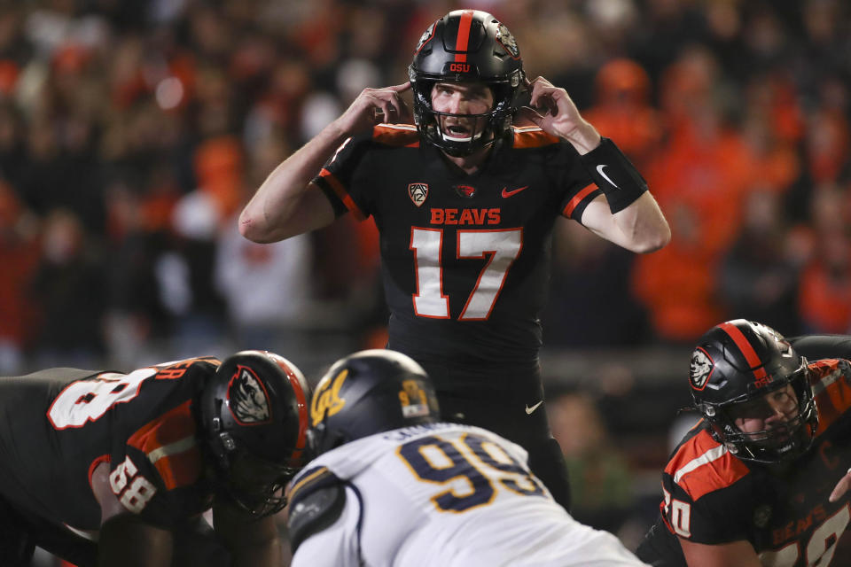 Oregon State quarterback Ben Gulbranson (17) calls out to teammates during the first half of an NCAA college football game against California on Saturday, Nov 12, 2022, in Corvallis, Ore. (AP Photo/Amanda Loman)