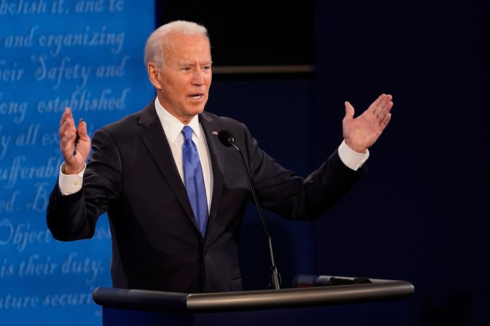 Democratic presidential candidate former Vice President Joe Biden answers a question during the second and final presidential debate Thursday, Oct. 22, 2020, at Belmont University in Nashville, Tenn.