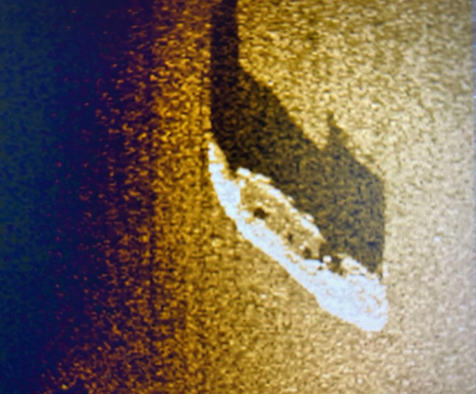 Side-scan image captured by the Michigan Shipwreck Research Association shows an upright steamship with three hatches on the deck and a raised bow and stern. The remains of the ship was found in June 2023 by the Michigan Shipwreck Research Association.