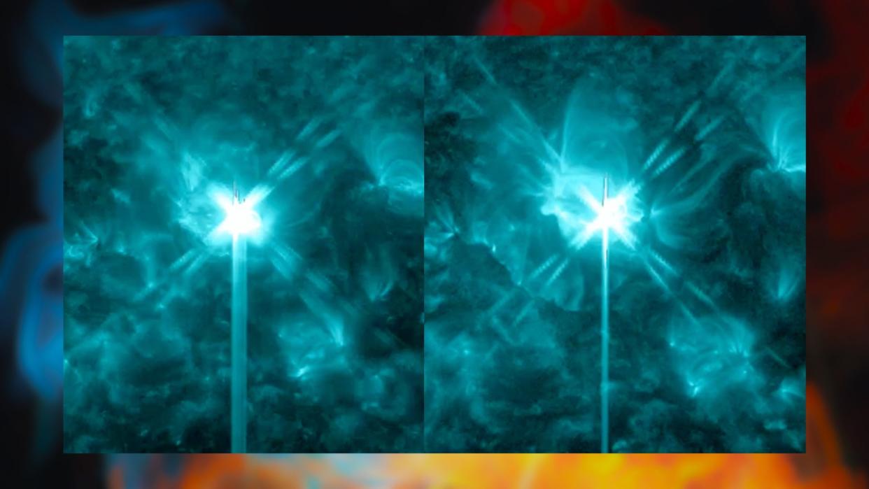  Two image stills of solar flares erupting from the surface of the sun. The X-flare is on the left and the M-flare is on the right. . 