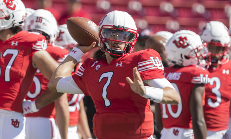 SALT LAKE CITY, UT -  SEPTEMBER 25 :  Cam Rising #7 of the Utah Utes throws a pass during warmups before their game against the Washington State Cougars September 25, 2021 at Rice Eccles Stadium in Salt Lake City, Utah. (Photo by Chris Gardner/Getty Images)